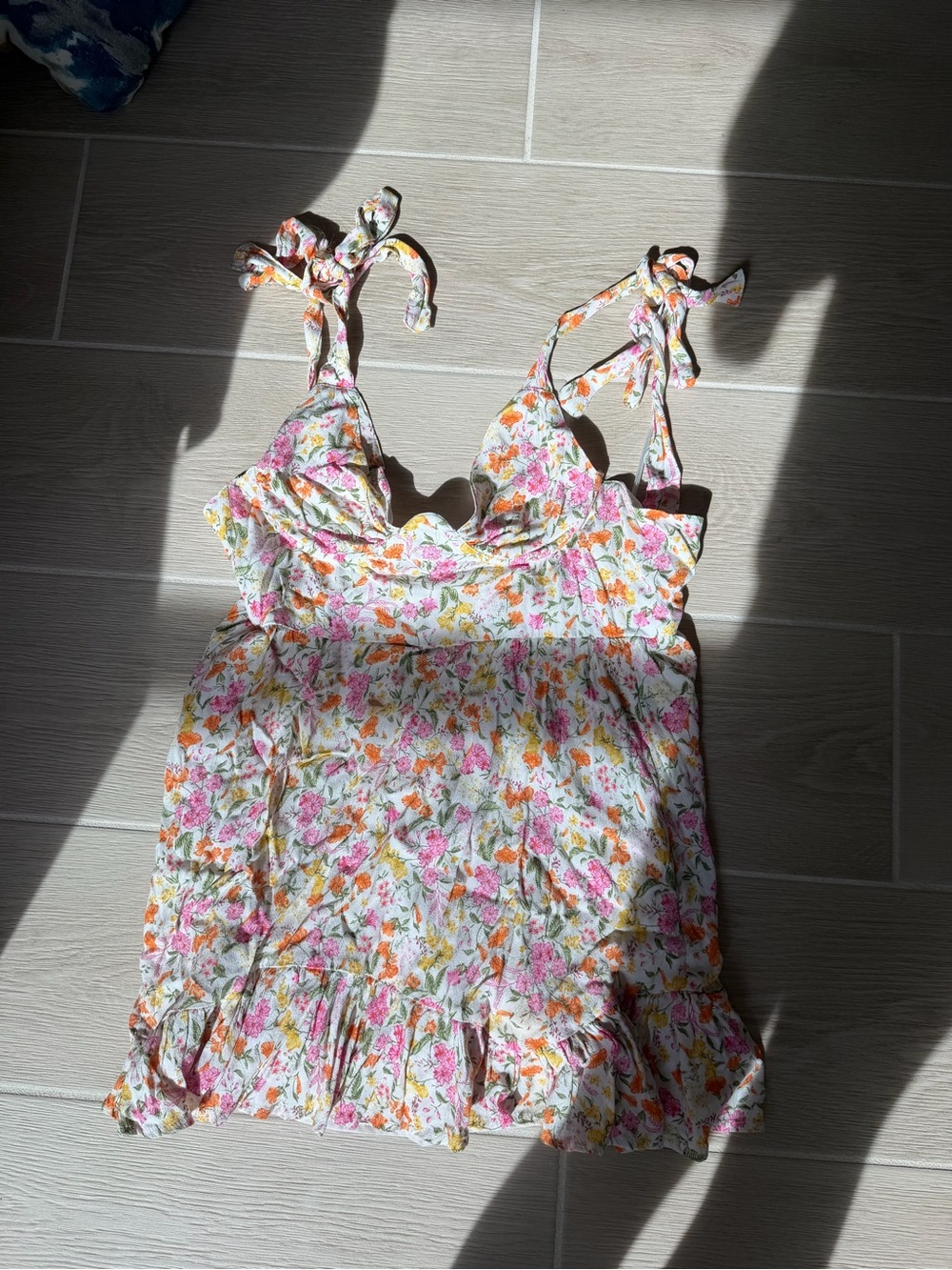 Floral Tie-Shoulder Mini Dress in White with Pink & Orange Flowers